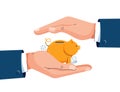 Savings protection vector illustration. Businessman is holding hands over the piggy bank to protect. Money protection