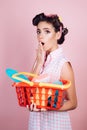 Savings on purchases. retro woman go shopping with full cart. surprised girl enjoying online shopping. online shopping Royalty Free Stock Photo