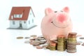 Savings for real estate project with small model house and piggy bank climbing on piles of coins Royalty Free Stock Photo