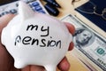 Savings for retirement. My pension on a piggy bank side. Royalty Free Stock Photo