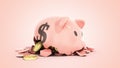 Savings spending comcept pink ceramic piggy bank completely broken up into several large pieces money inside 3d render on pink