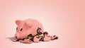 savings spending comcept pink ceramic piggy bank completely broken up into several large pieces money inside 3d render on color