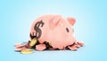 Savings spending comcept pink ceramic piggy bank completely broken up into several large pieces money inside 3d render on blue