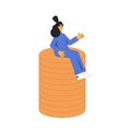 Savings. Woman with money sitting on huge stack of coins. Young female character with money. Vector line art illustration