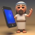 The saviour Jesus Christ holds a smartphone tablet device, 3d illustration