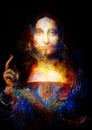 Saviour of the world. Salvador mundi. My own reproduction of Leonardo DaVinci painting. Cosmic space collage. Royalty Free Stock Photo