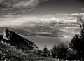 Savoie& x27;s Majestic Monochrome: Dent du Chat Mountain, Lake du Bourget, Aix-les-Bains