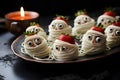 A platter of mummy-inspired white chocolate-covered strawberries with candy eyes.GenerativeAI.