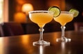 Savor the ambiance with these two elegant margarita glasses, salt-rimmed and garnished with fresh lime