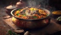 Savor the aroma and flavor of India with Biryani: A delicious dish served steamy against a dark background