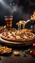 Pizza with bacon, mushrooms, cheese and chips on a dark background