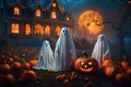 Savor a Charming Halloween Night with Cute and Creepy Ghosts, Abundant Pumpkins, and an Orange Moonlit Background