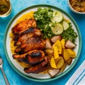 Savor a delicious chicken BBQ feast on a vibrant plate