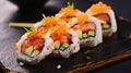 Savor the Delight of Sushi Maki Rolls Adorned with Sliced Salmon. Generative AI