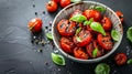Savor the Divine Fusion: Grilled Tomatoes and Basil Bowl on Dark Canvas