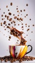 A cup of coffee with splash and coffee beans drop illustration ai generated Royalty Free Stock Photo