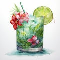watercolor rendering of a delightful cocktail, served in stylish glasses with ice and a medley of juicy fruit