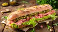 Savor the Exquisite Delight: Magnificent Mortadella and Pistachio Sandwich Perched on a Rustic Woode