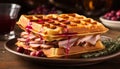 Savor the exquisite ham and cheese waffles, beautifully plated and ready to satisfy your cravings.