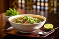 Savor the Flavor: Beef Pho Soup with Fresh Toppings Royalty Free Stock Photo