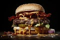 Savor the Flavor: A Close-Up of a Juicy Burger with Bacon and Dripping Cheese, ai generative