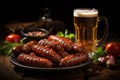 Savor the Flavor: Delight in the rich flavors of Bavarian sausages and a pint of beer against a warm, wooden backdrop