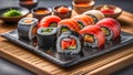 Savor the Flavor of Japan with These Exquisite Sushi Delights: A Perfect Gourmet Experience on a Black Plate