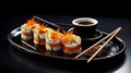 Savor the Flavor: A Platter of Fresh Sushi Rolls with Soy Sauce, Wasabi, and Ginger