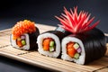 Savor the Flavors: Detailed Close-Up of Freshly Made Sushi Roll in Gourmet Food Photography with Generative AI Royalty Free Stock Photo