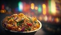 Savor the flavors of India with Bhelpuri: A mouth-watering dish served steaming against a dark backdrop