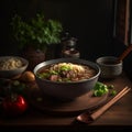 Bowl of Taiwan& x27;s signature Beef Noodle Soup garnished with fresh green onions and cilantro