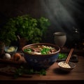 Bowl of Taiwan& x27;s signature Beef Noodle Soup garnished with fresh green onions and cilantro