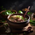 Bowl of Taiwan& x27;s signature Beef Noodle Soup garnished with fresh green onions and cilantro