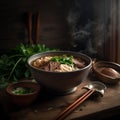 Bowl of Taiwan& x27;s signature Beef Noodle Soup garnished with fresh green onions and cilantro