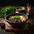 Bowl of Taiwan& x27;s signature Beef Noodle Soup garnished with fresh green onions and cilantro