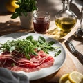 Savor the fresh allure of a gourmet carpaccio dish, beautifully garnished with verdant greens