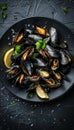 Savor grilled mediterranean mussels on elegant black plate for a delightful culinary experience Royalty Free Stock Photo