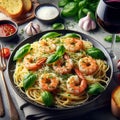 Savory Fusion: Shrimp and Spaghetti with Basil, Served with Garlic Bread.