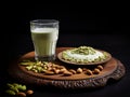 Decadent Pistachio-Infused Milk on a Rustic Wooden Plate - An Exotic Twist to Your Regular Milk! Royalty Free Stock Photo