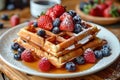 Savor the richness of syrup-drenched waffles paired with strawberries and blueberries for brunch