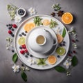 Fragrant Jasmine tea in a teapot with fresh fruits on table