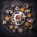 Fragrant Jasmine tea in a teapot with fresh fruits on table