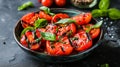 Savor the Succulence: Grilled Tomatoes and Basil Bowled Over on a Dark Canvas []