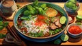 Pho Harmony: A Hearty Bowl of Vietnamese Pho Filled with Rich Broth, Tender Noodles, and an Array of Fresh Herbs and Proteins - AI