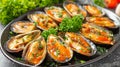 Savor traditional mediterranean delicacy grilled mussels on stylish black plate Royalty Free Stock Photo