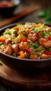 Savoring flavors Asian dish features rice, stir fried vegetables for dinner