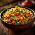 Savoring flavors Asian dish features rice, stir fried vegetables for dinner