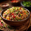 Savoring flavors Asian dish features rice, stir fried vegetables for dinner