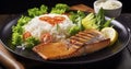 Savoring the Flavors of a Delicious Salmon Steak with Rice and Fresh Salads