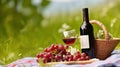 Savoring Life\'s Pleasures, Wine Enhances a Charming Picnic Setting Amidst Scenic Beauty. Generative AI